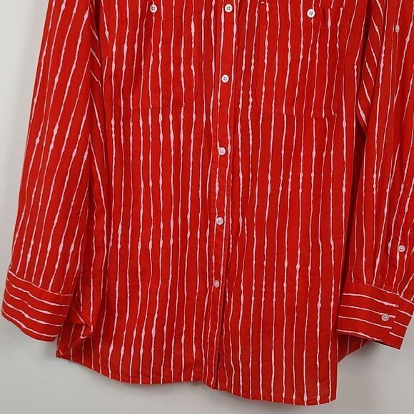 Lauren Ralph Lauren Orange and White Striped Roll Tab Sleeve Button Down Blouse - Picture 6 of 11